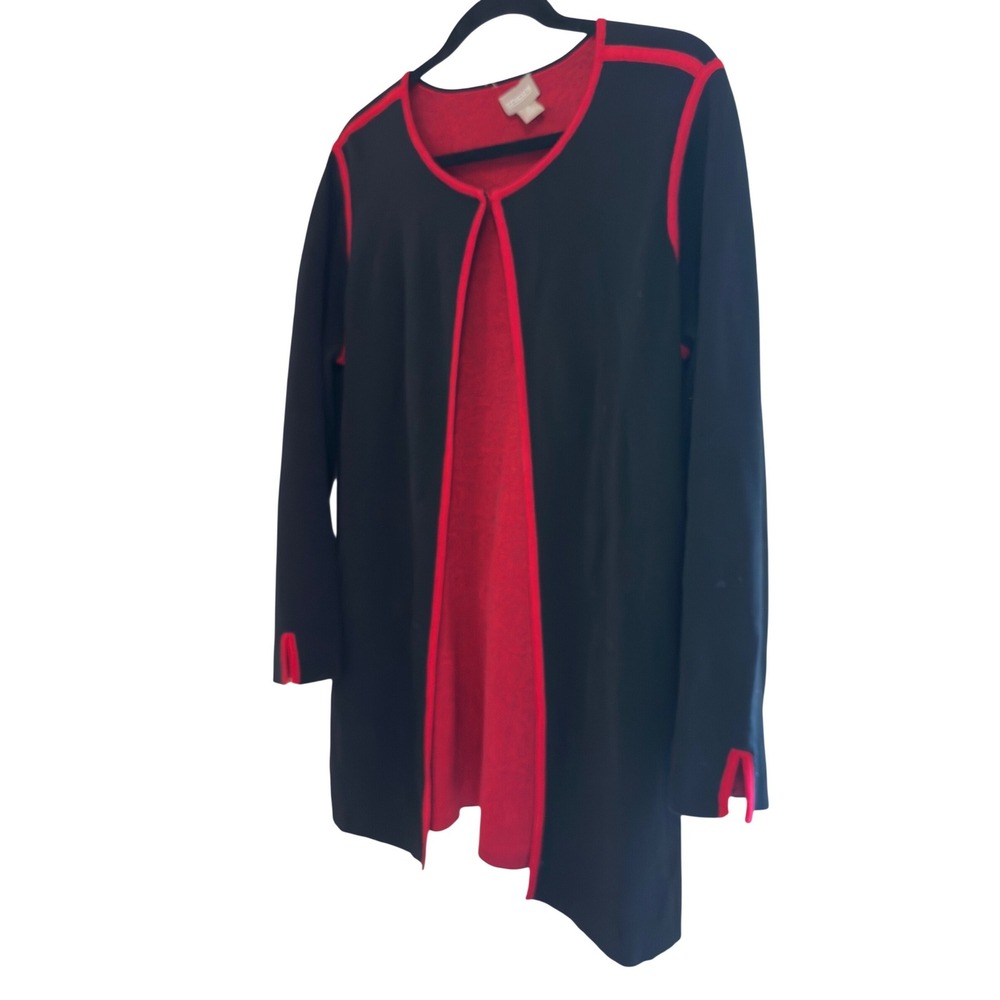 Chico's Open Front Cardigan Sweater Black Red Trim Longline Knit Size 2 L